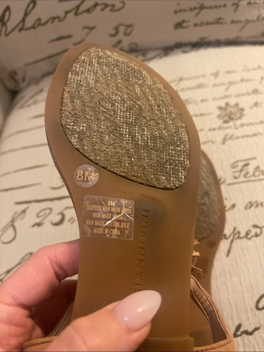 Gianni Bini Tan Fringe T-Strap Sandals with Gold Heel Detail - Picture 5 of 7